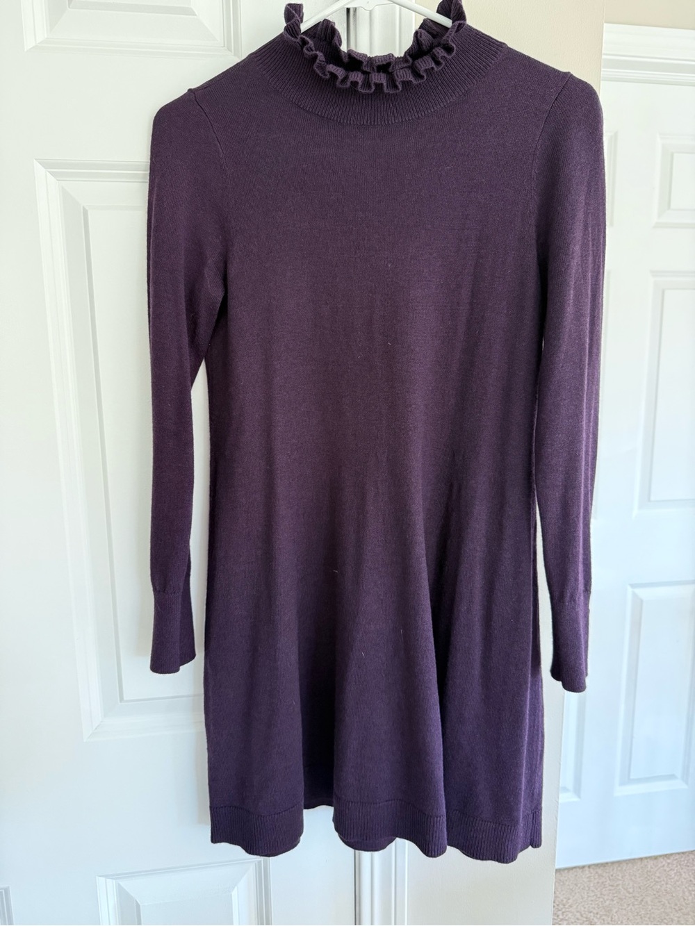 LOFT Plum Ruffle-Neck Long Sleeve Knit Dress